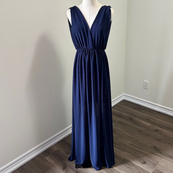 EUC Popygum Navy Blue Plunging Neckline Gala Dress, Wedding Guest Dress, Maxi - Picture 2 of 9